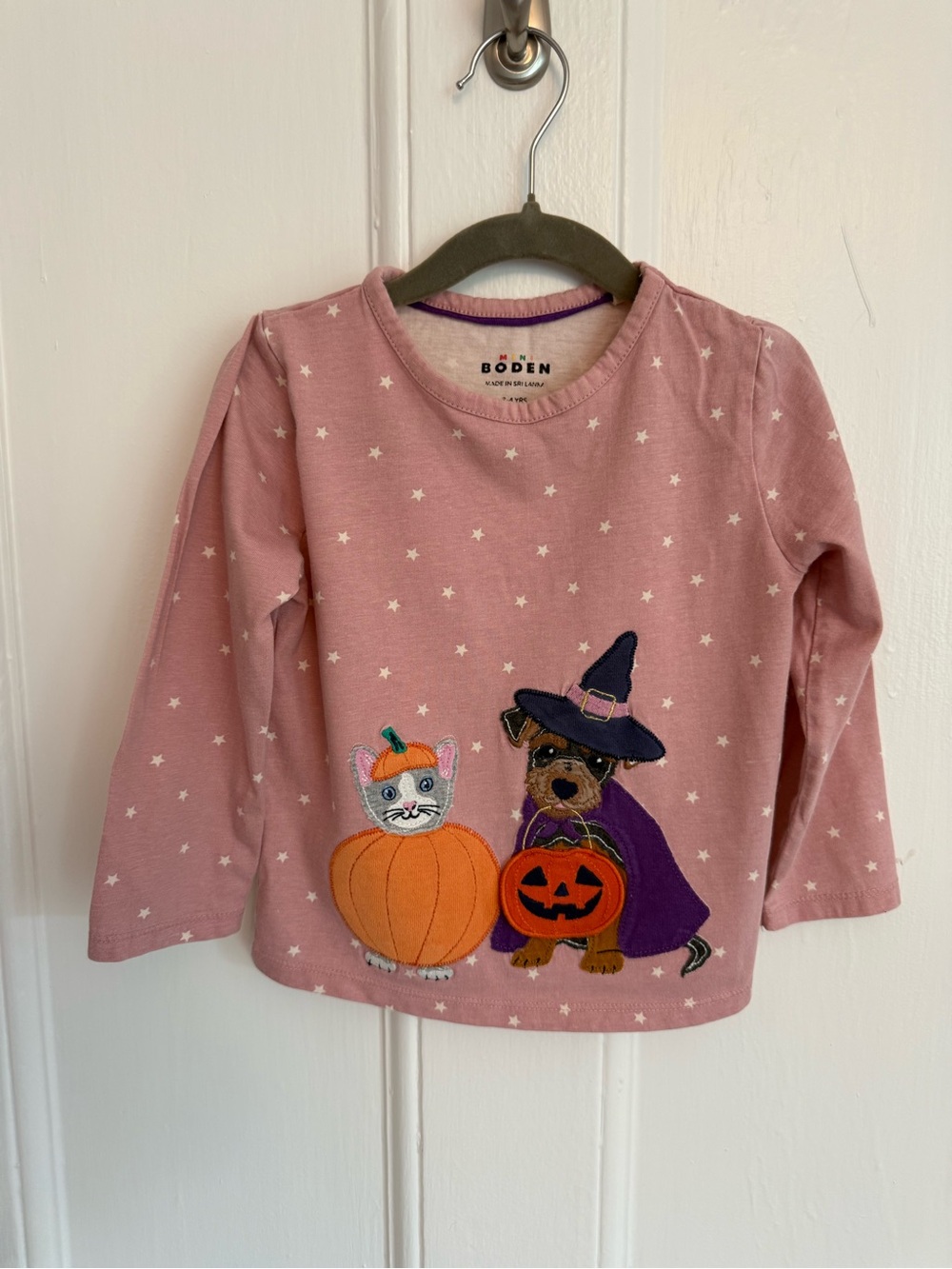 Mini Boden Pink Long-Sleeve Halloween Top with Puppy & Pumpkin Appliqués